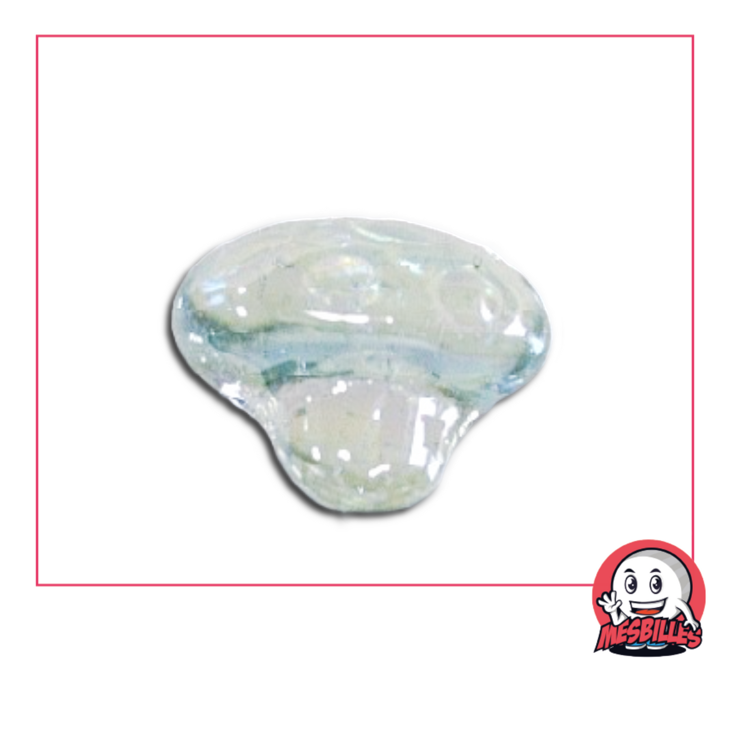 Photo d’une bille en forme de petit champignon en verre translucide clair, vendue à l’unité sur la boutique MesBilles.
