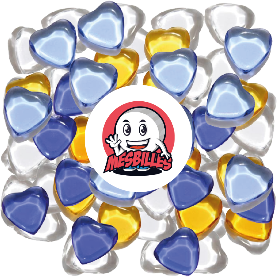 Immagine della Mascotte MieiBiglie circondata da Biglie Extra-Piatta Cuore in Vetro Traslucido Blu-Scuro - MieiBiglie