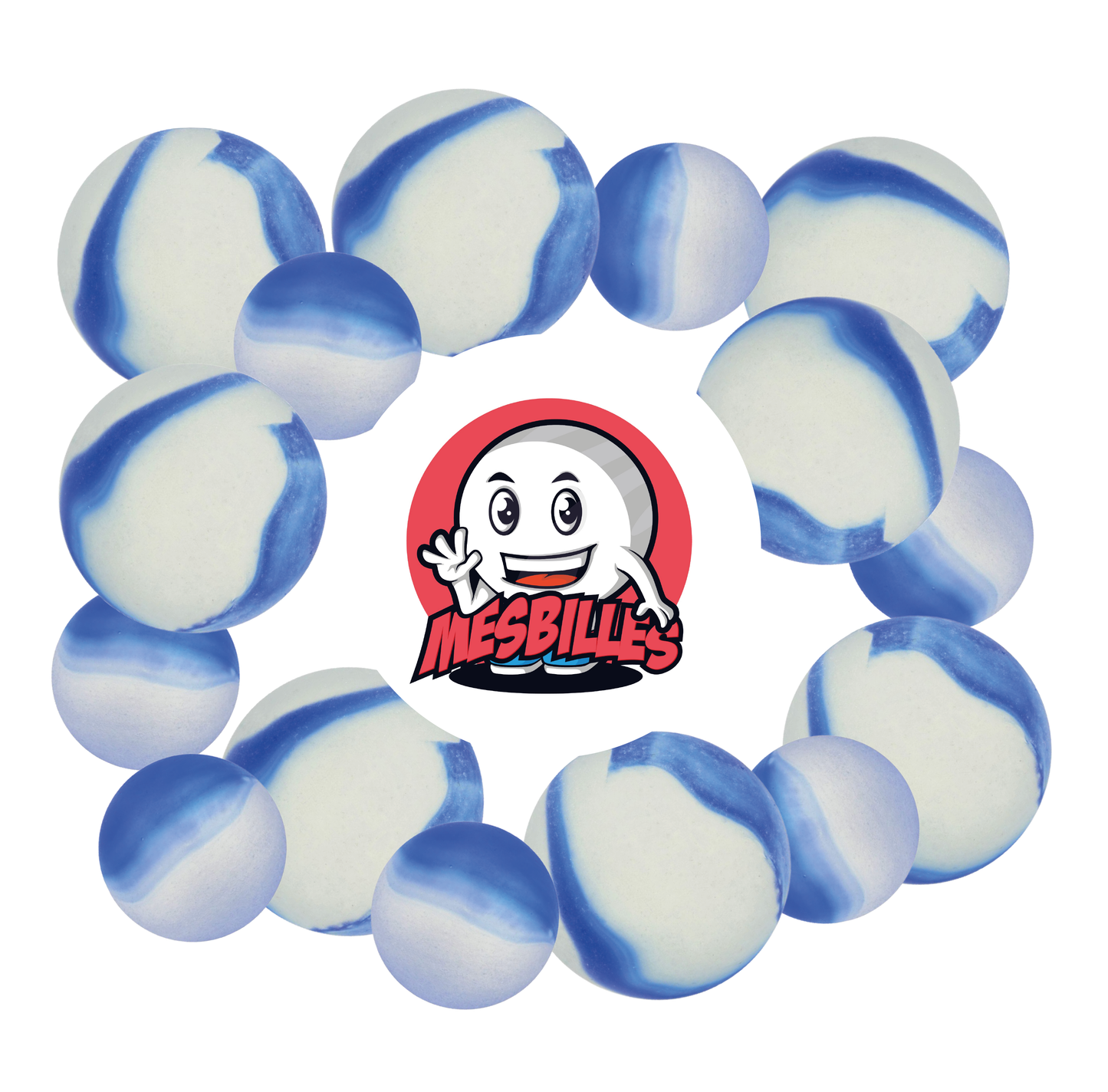 Image de la Mascotte MesBilles entourée de Billes Givré - Bille en verre Dépoli strié de Bleu 16 mm MesBilles