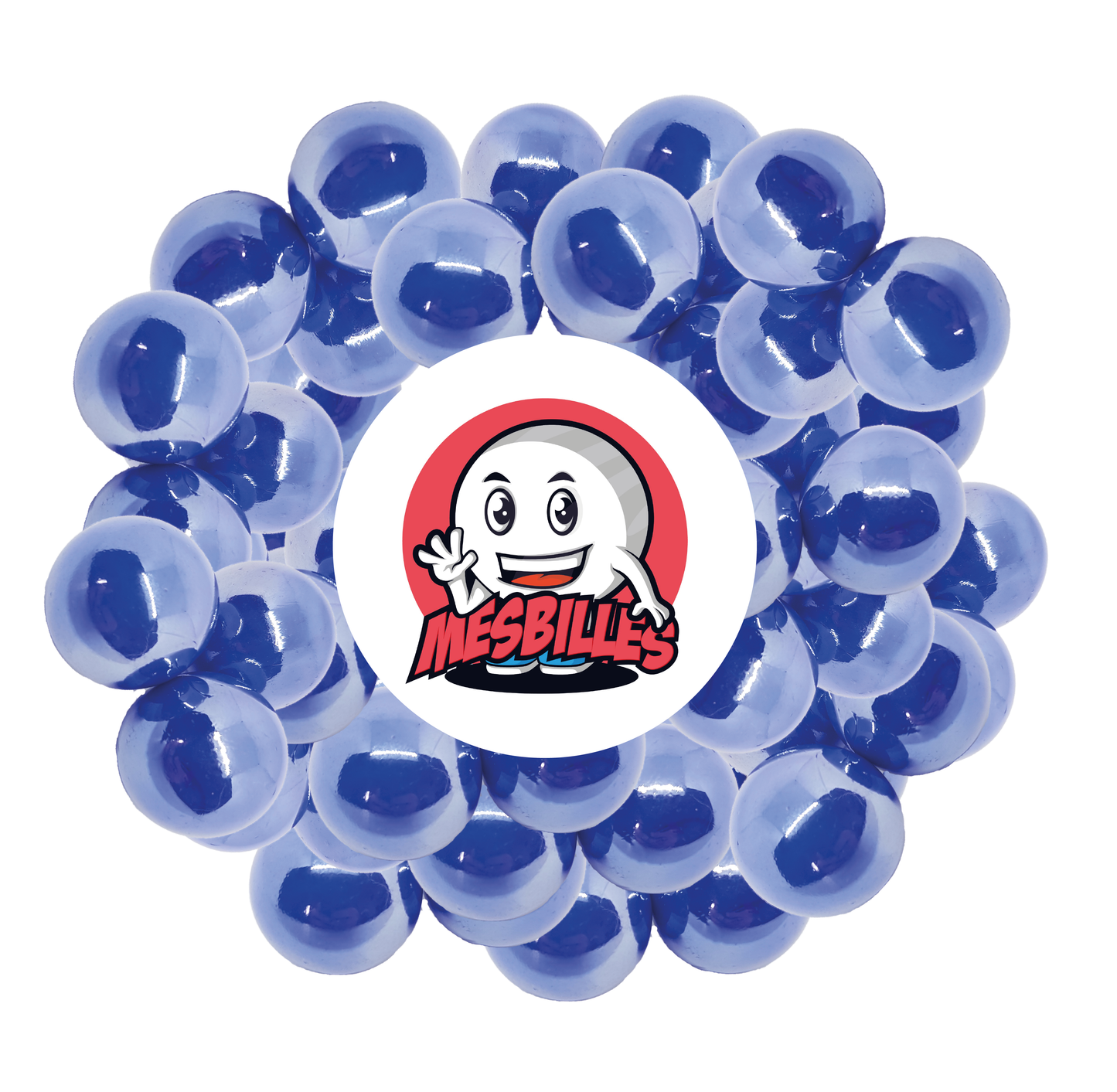 Image de la Mascotte MesBilles entourée de Billes Glossy 14 mm - Verre Opaque et Brillant Bleu Nacré
