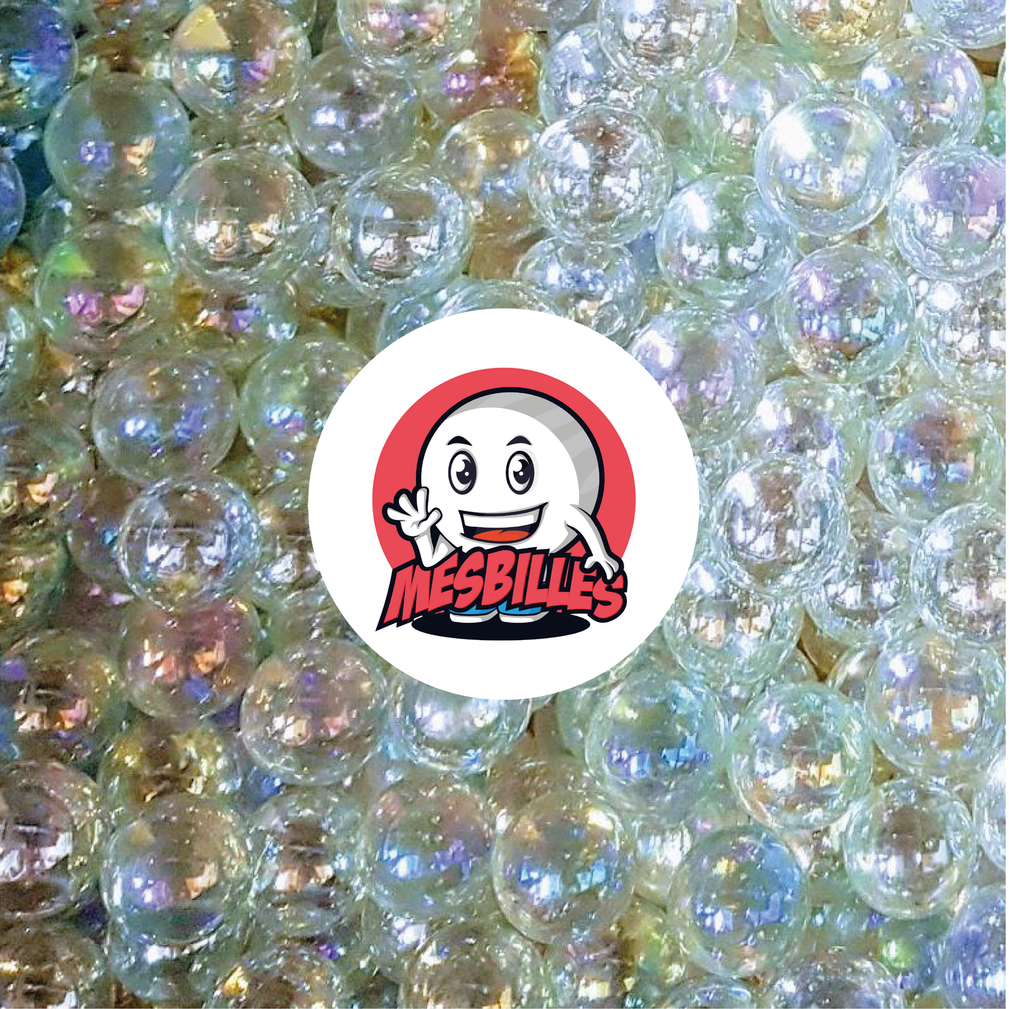 Image de la Mascotte MesBilles entourée de Billes Rondes Irisées Couleur Cristal 42 mm