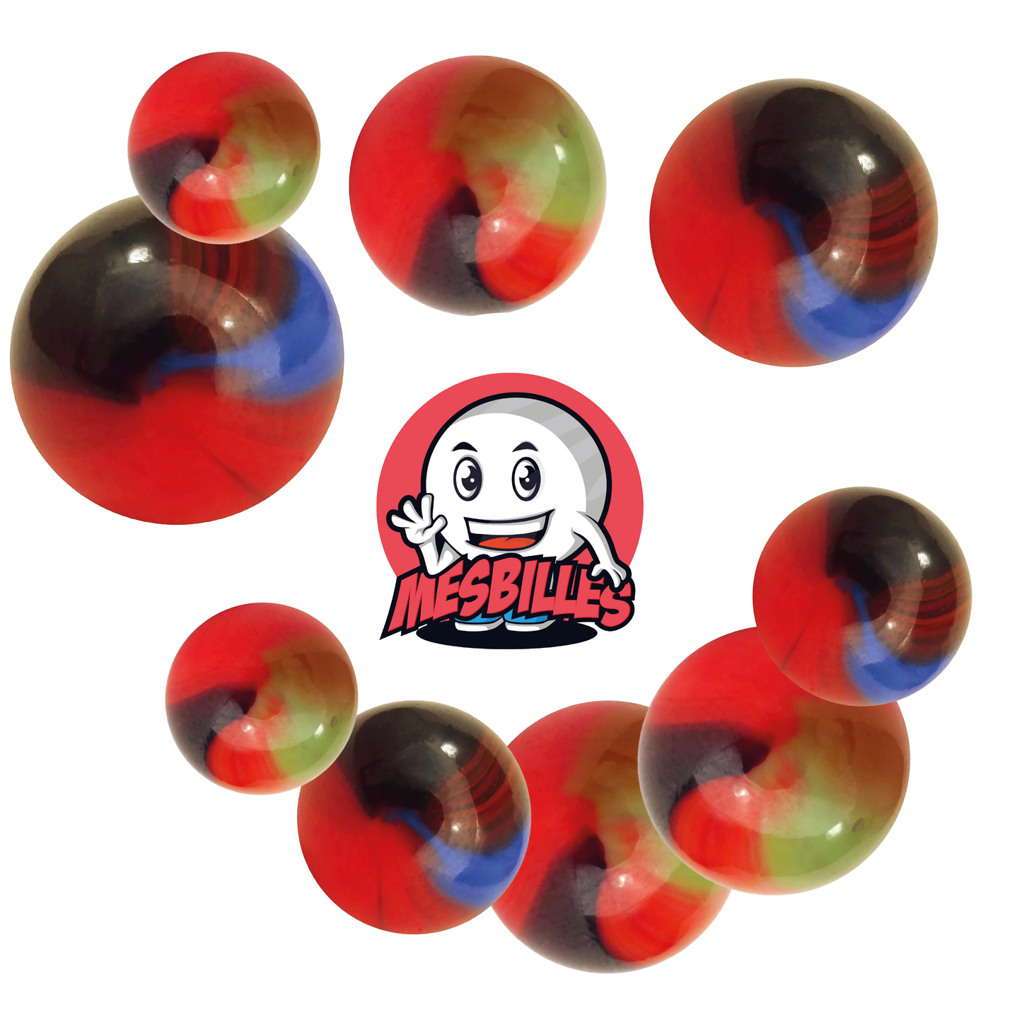 Image de la Mascotte MesBilles entourée de Billes Lautrec en verre orange strié de vert et marron de 16 mm