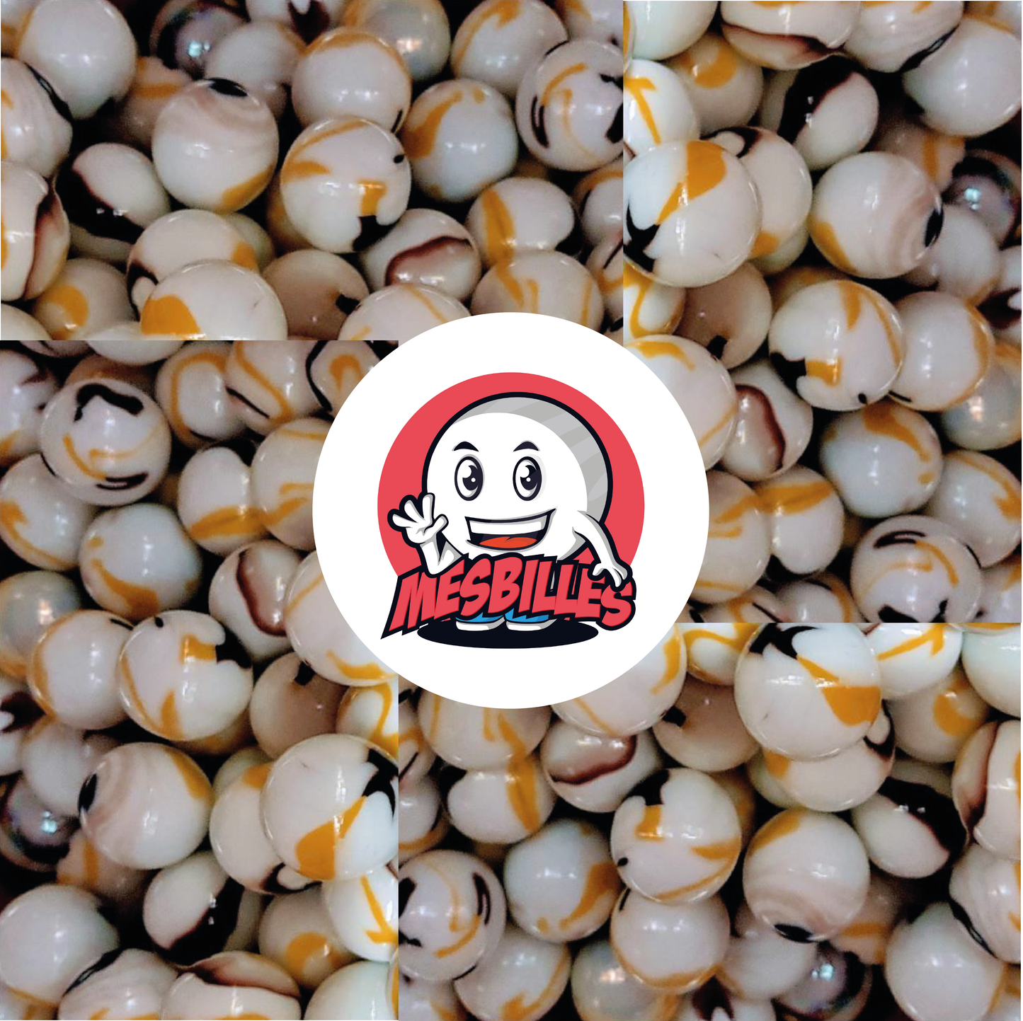 Image de la Mascotte MesBilles entourée de Billes Tigre Jaune Opaque de couleur Blanc strié de Jaune et Marron de 25 mm