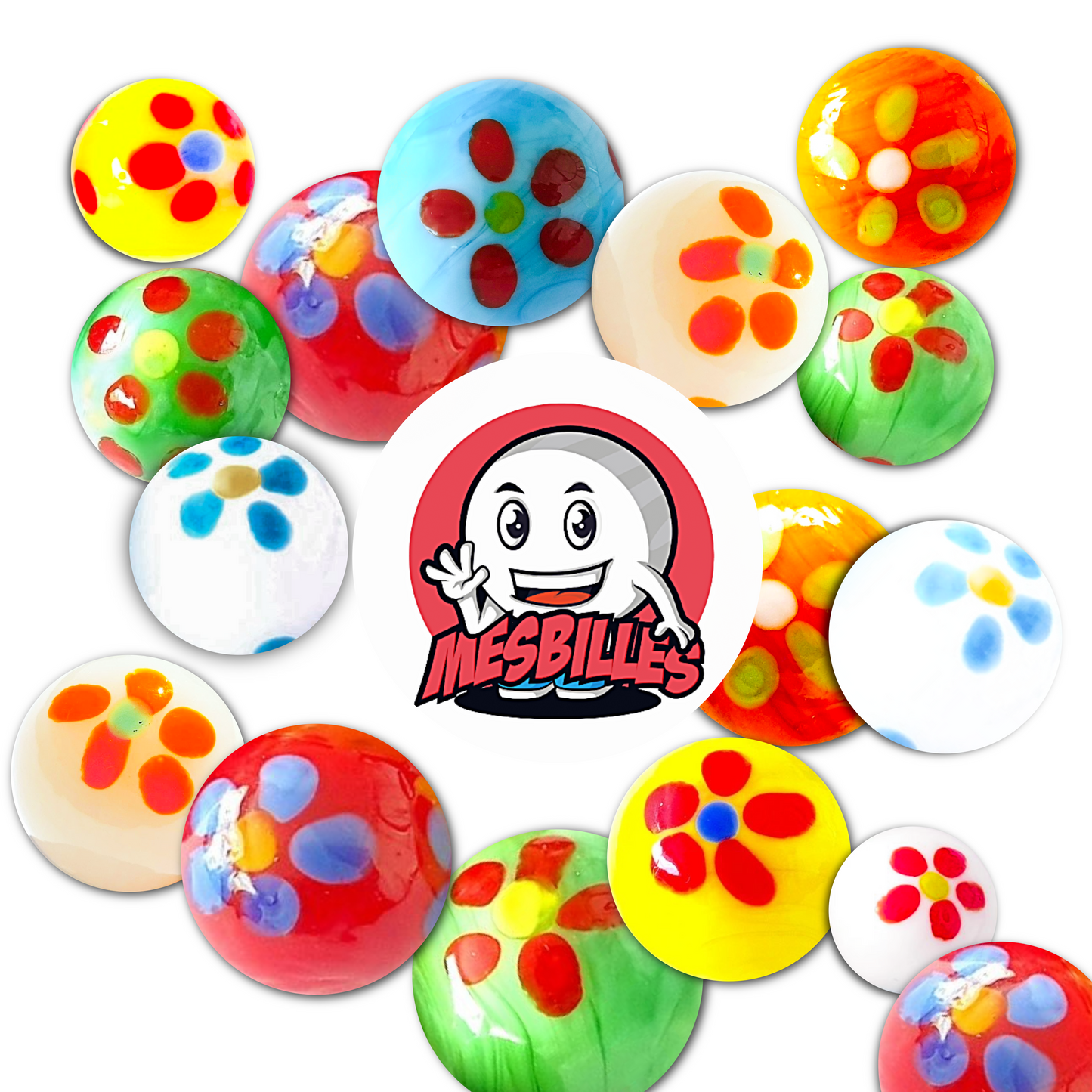 Logo MesBilles sur des billes Pâquerette Rouge 16 mm, des billes d'art, de fabrication artisanale