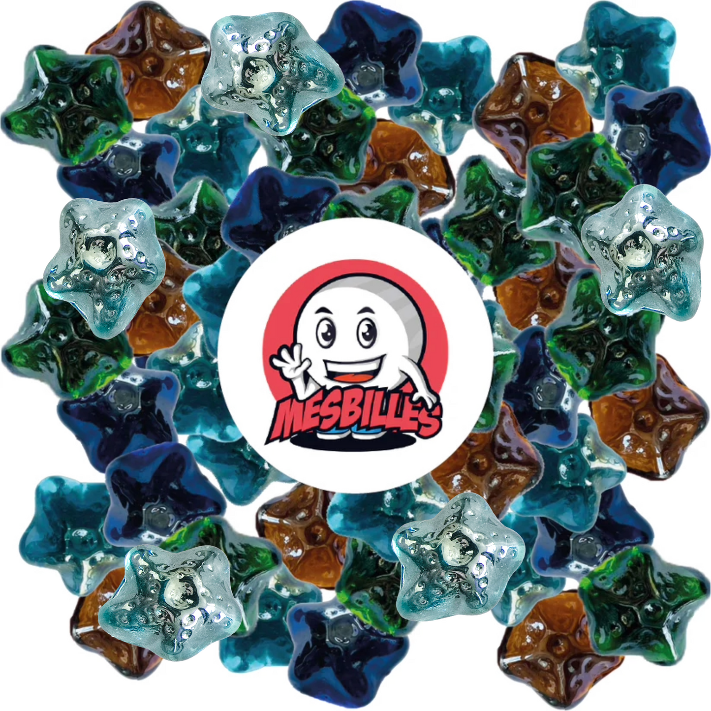 Ensemble de billes en forme d’étoiles marines aux couleurs variées (bleu, vert, ambre), disposées autour du logo MesBilles