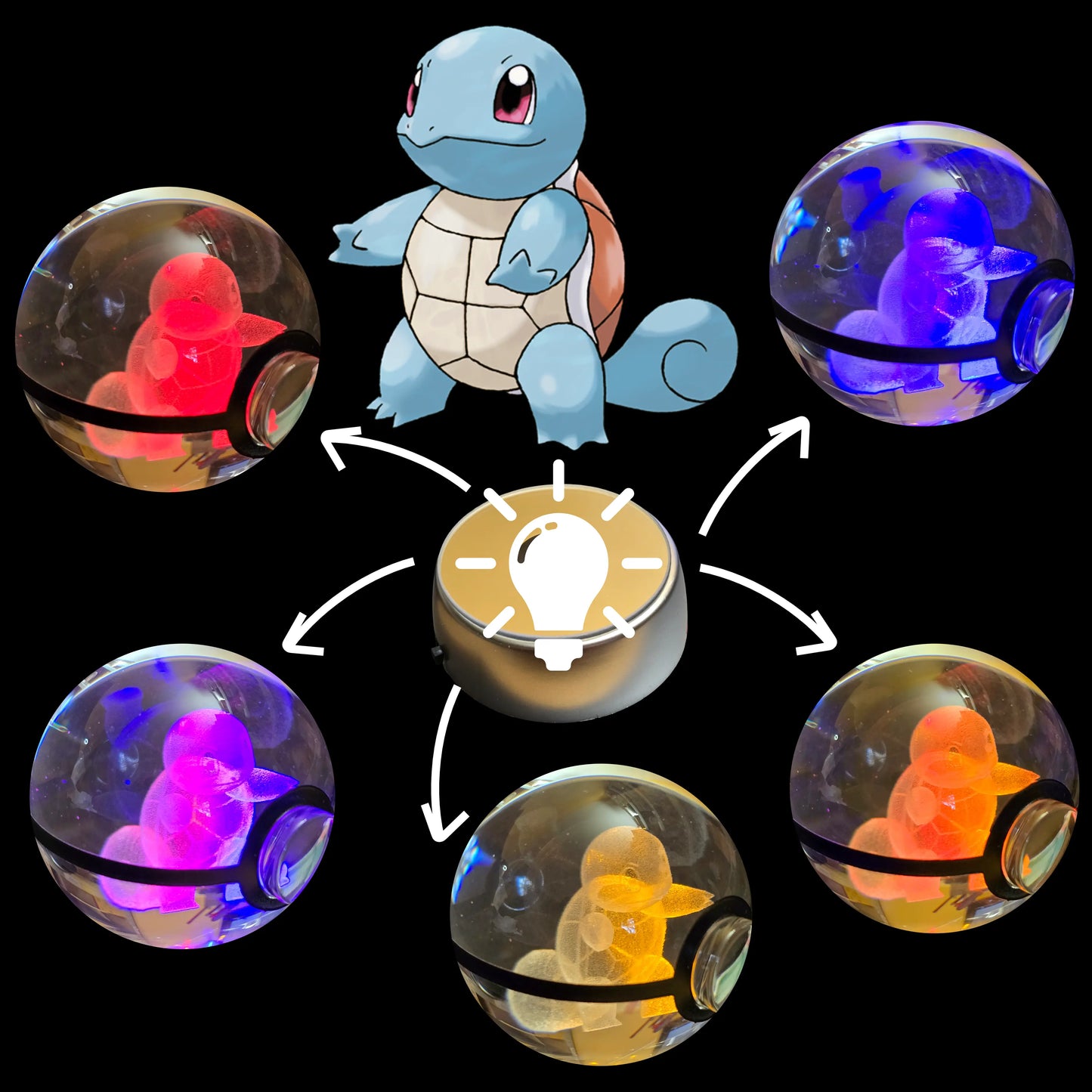 Grande bille transparente avec motif 3D « Carapuce » au centre, effet lumineux : pour collection et amoureux des beaux objets