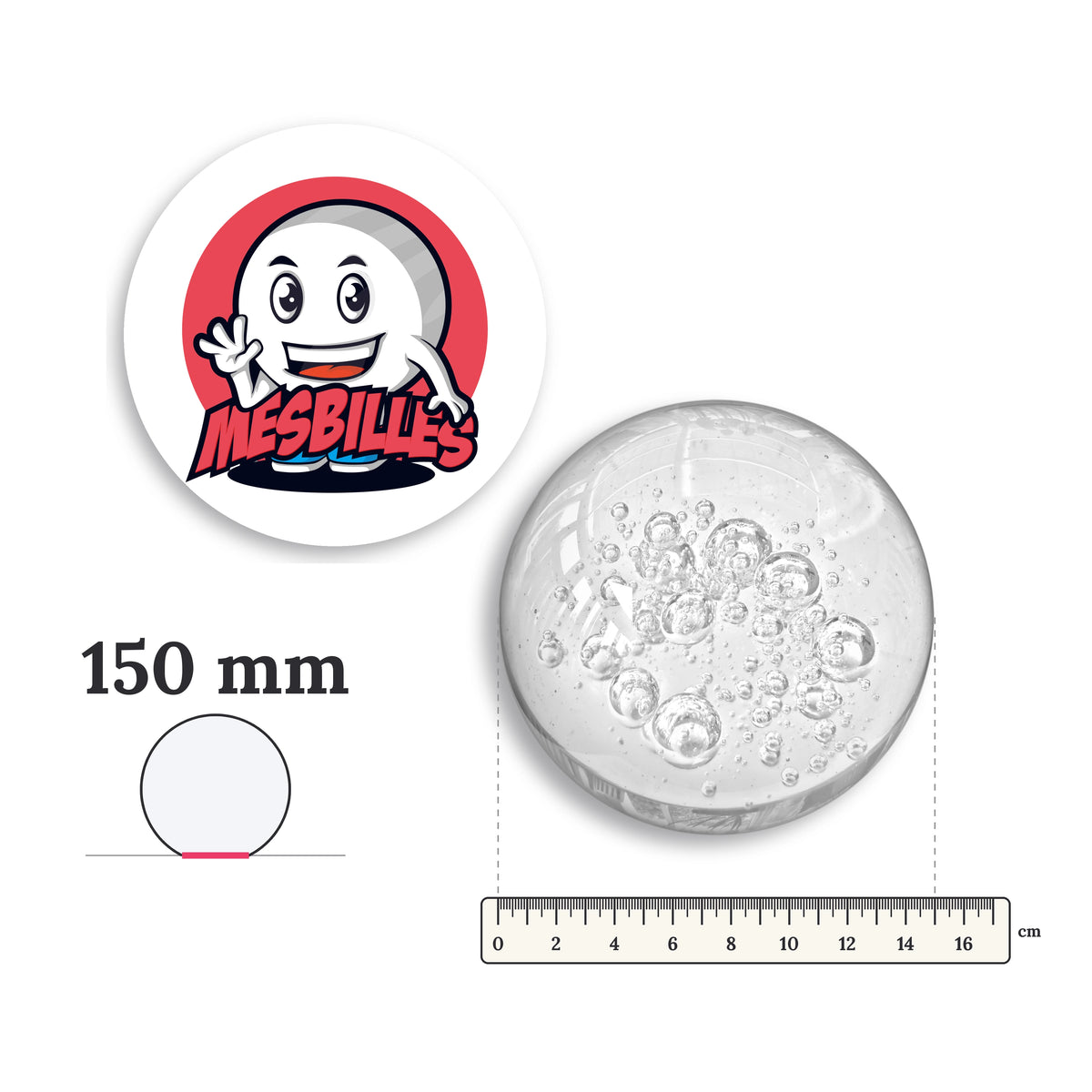 Grande bille Presse-Papiers Bulles Cristal Verre de Bohême 150 mm avec règle graduée et schéma du fond plat