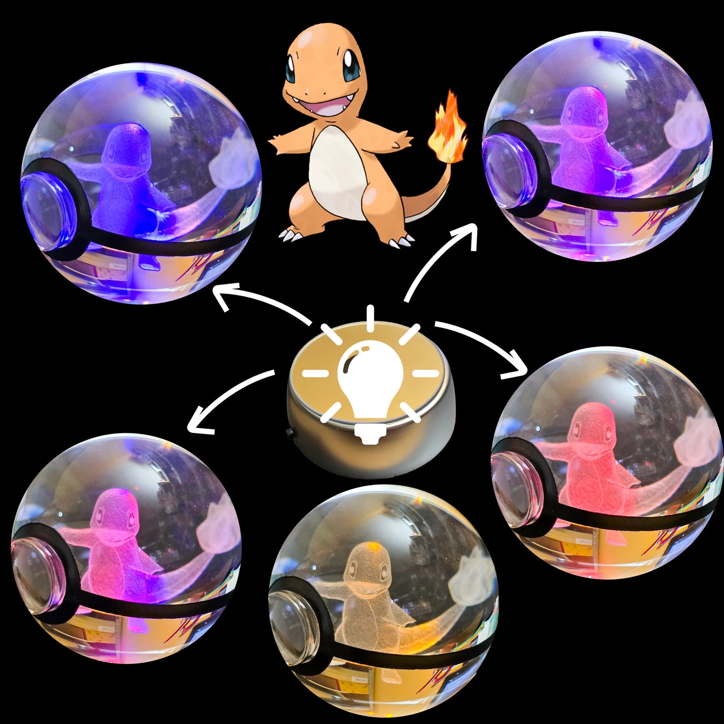 Grande bille transparente avec motif 3D « Salamèche » au centre, effet lumineux : pour collection et amoureux des beaux objets