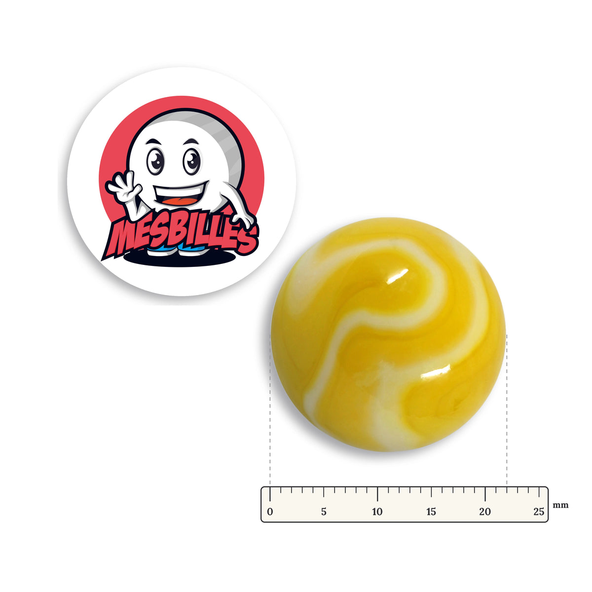 Bille Sorbet Citron à côté d'une règle graduée, 22 mm de diamètre