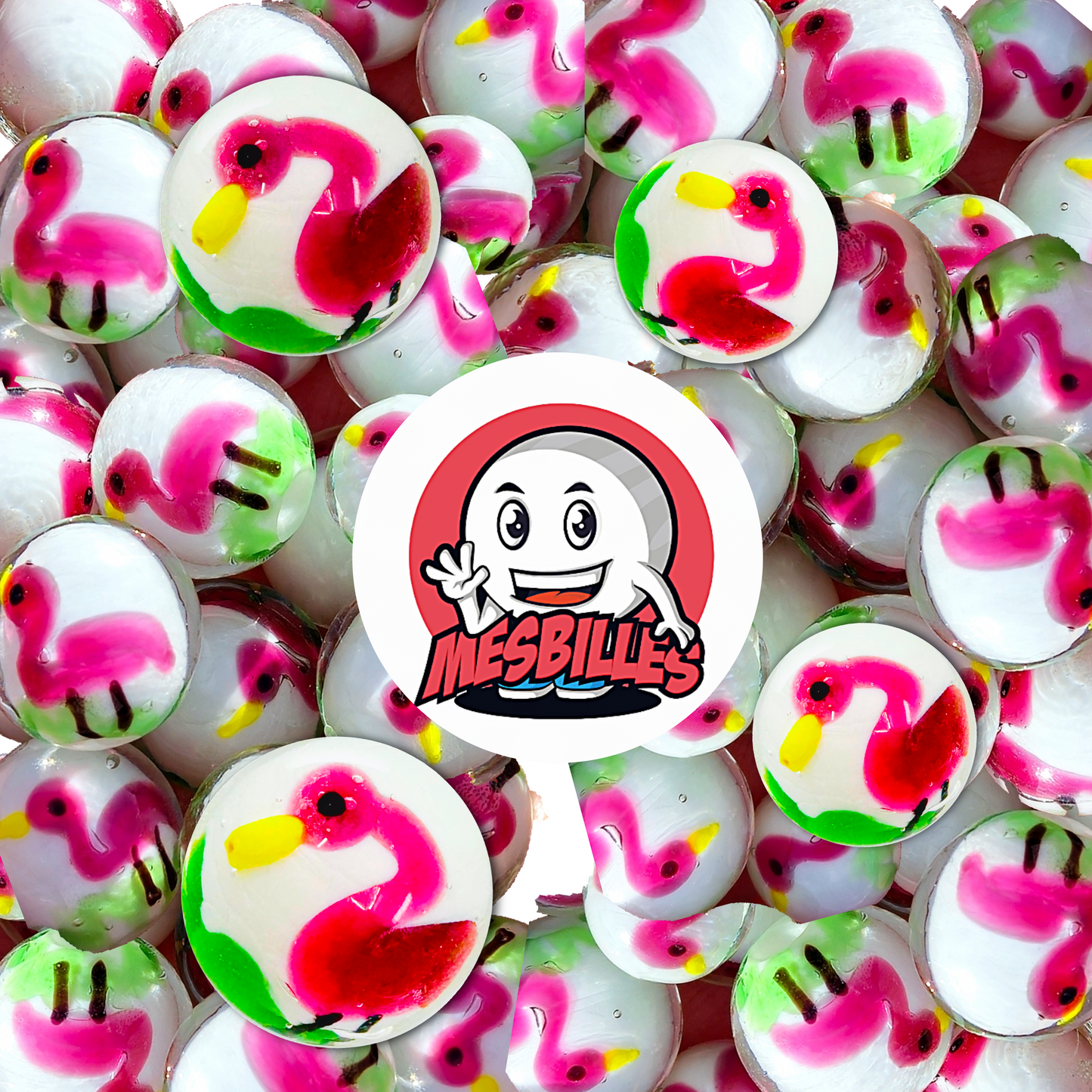 Mascotte MesBilles posée sur des Billes d'art en verre décoratives Flamant Rose de 22 mm