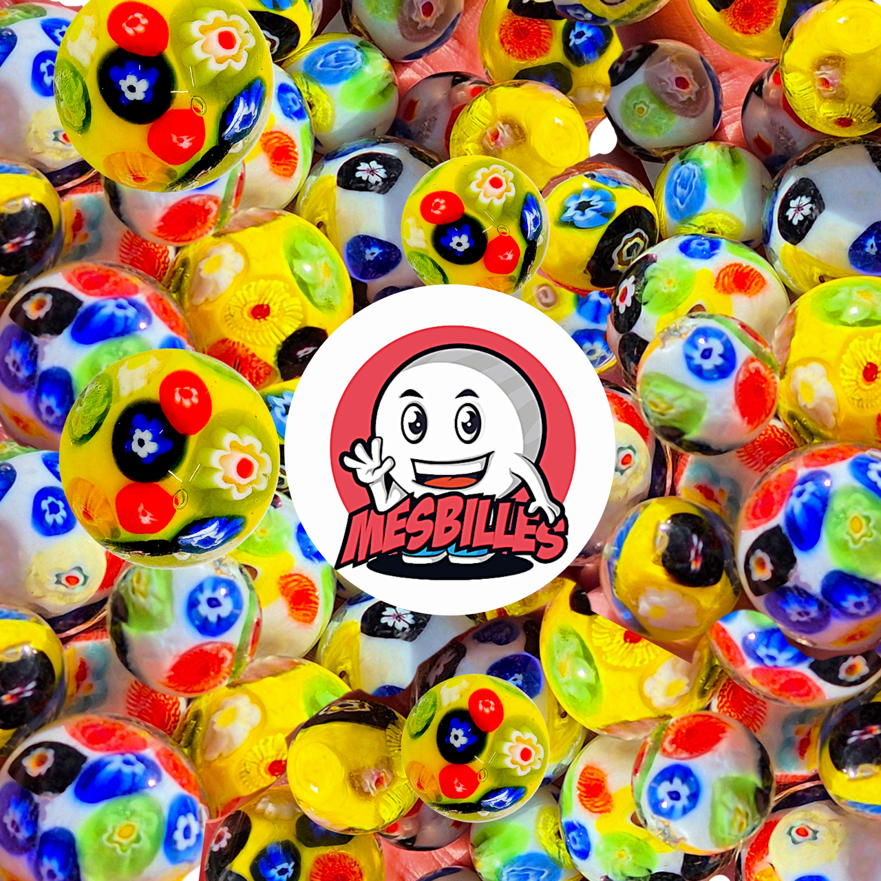 Grande bille millefiori sur fond blanc d 22 mm par MesBilles
