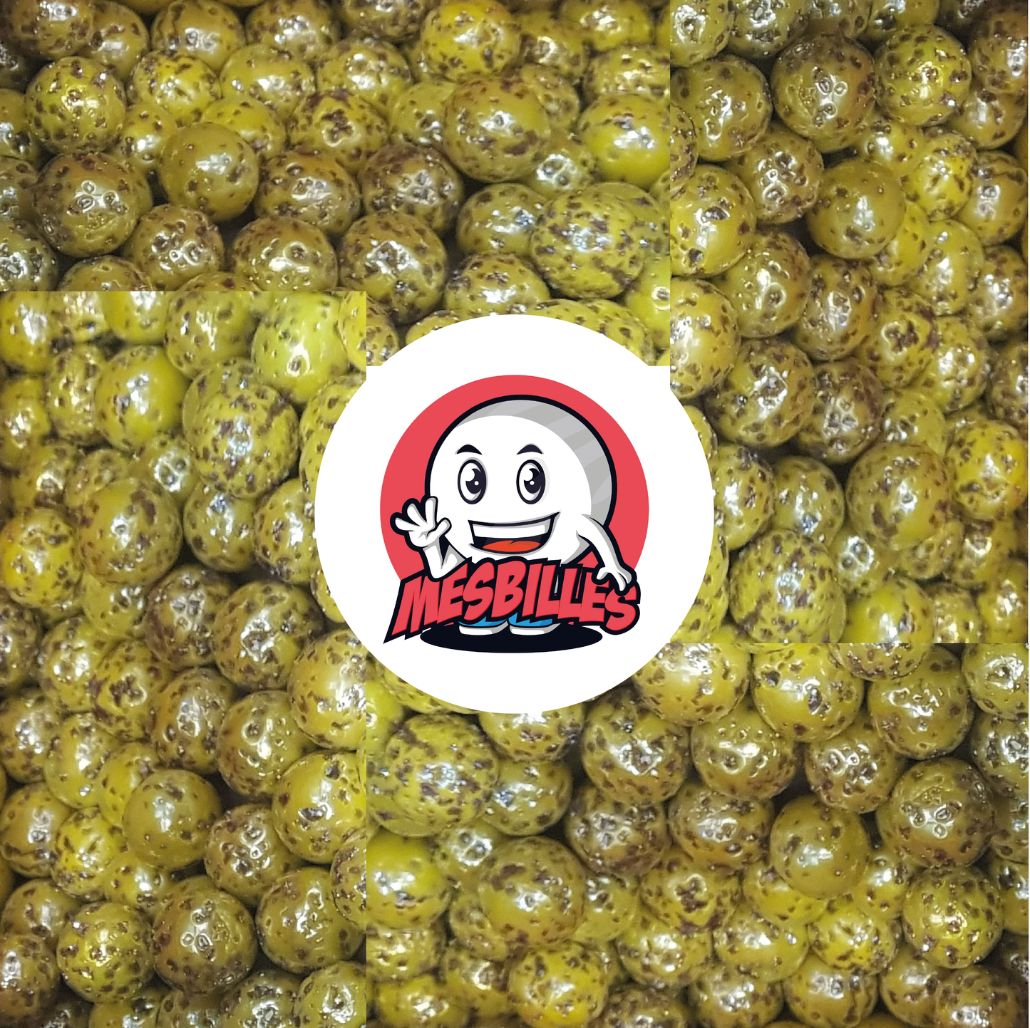 Image de la Mascotte MesBilles entourée de Billes Pépite Précieuse 16 mm, jaune avec des éclats violets
