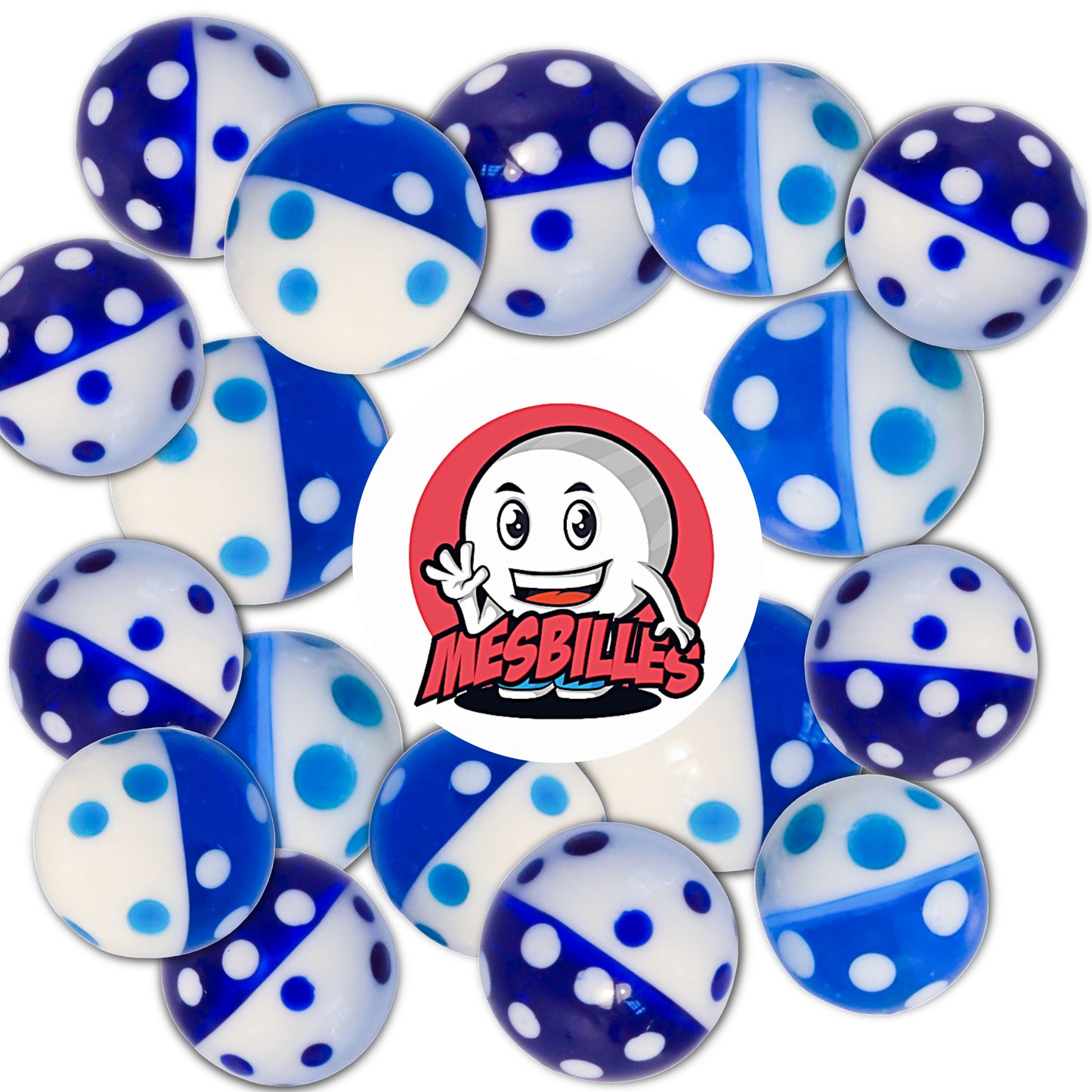 Logo MesBilles sur Billes d'art bleu et blanc 16 mm, motif marinière à petits pois