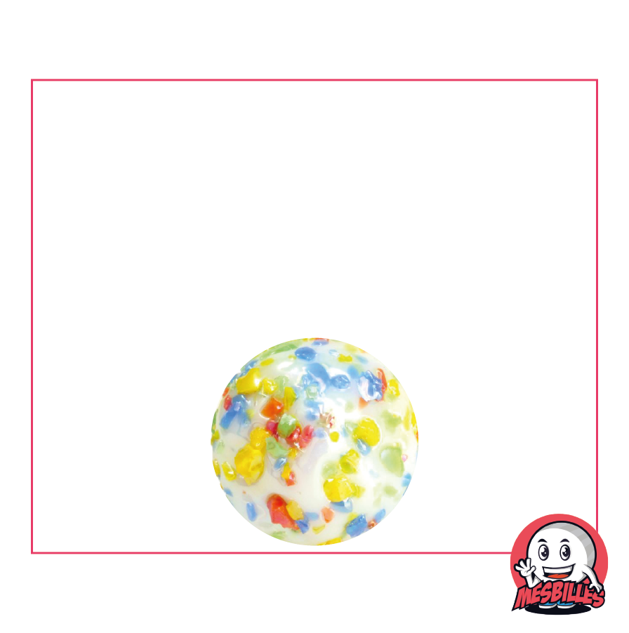 Image de la Mascotte MesBilles entourée de Billes 14 mm blanche opaque recouverte d'éclats multi-couleurs