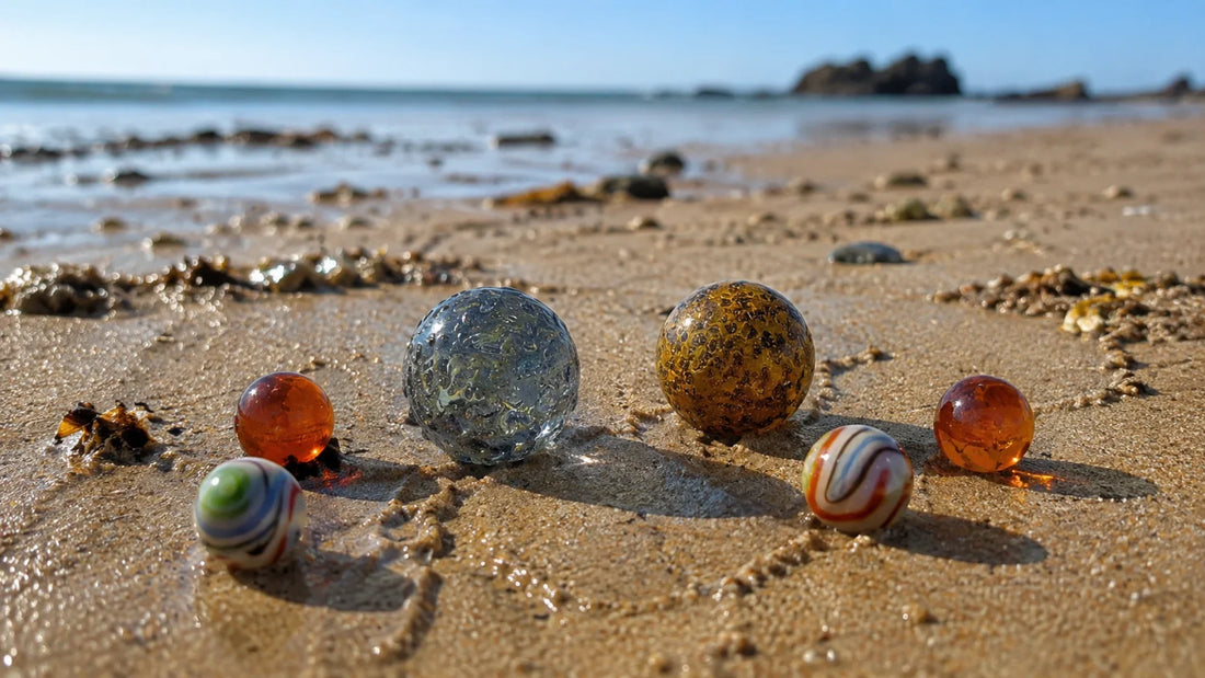 Billes de verre colorées posées sur le sable d'une plage bretonne, à l'occasion du concours de billes de Binic-Étables-sur-Mer