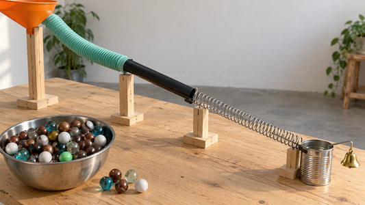 Circuit de billes bricolé sur une table en bois : entonnoir orange, tuyau souple vert d'eau, tube noir puis long ressort métallique qui descend vers une boîte de conserve et une clochette dorée, avec un bol rempli de billes en verre au premier plan.