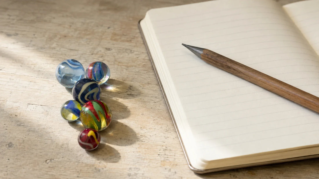 Sept billes en verre colorées posées en petit tas sur une table de bois clair, à côté d'un cahier d'écolier ouvert aux lignes vides et d'un crayon de bois posé en travers