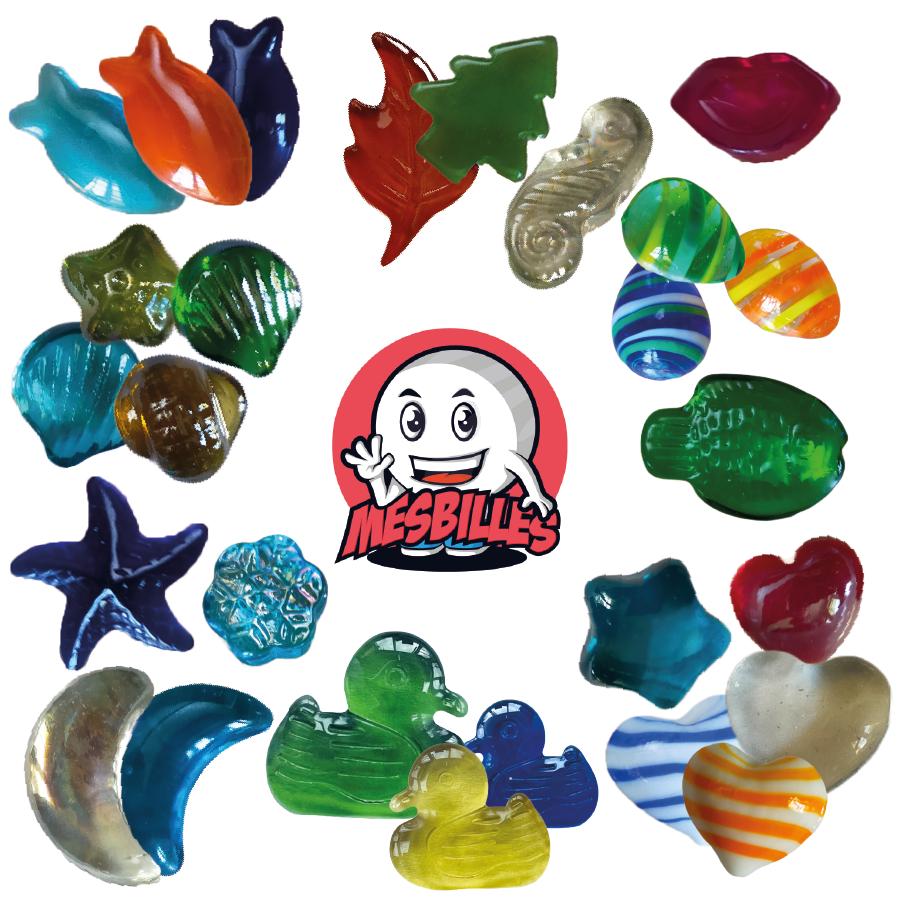 Bille en verre plate, billes fomes : bille canard, bille bouche, bille feuille, bille oeufs, bille coeurs, bille poisson