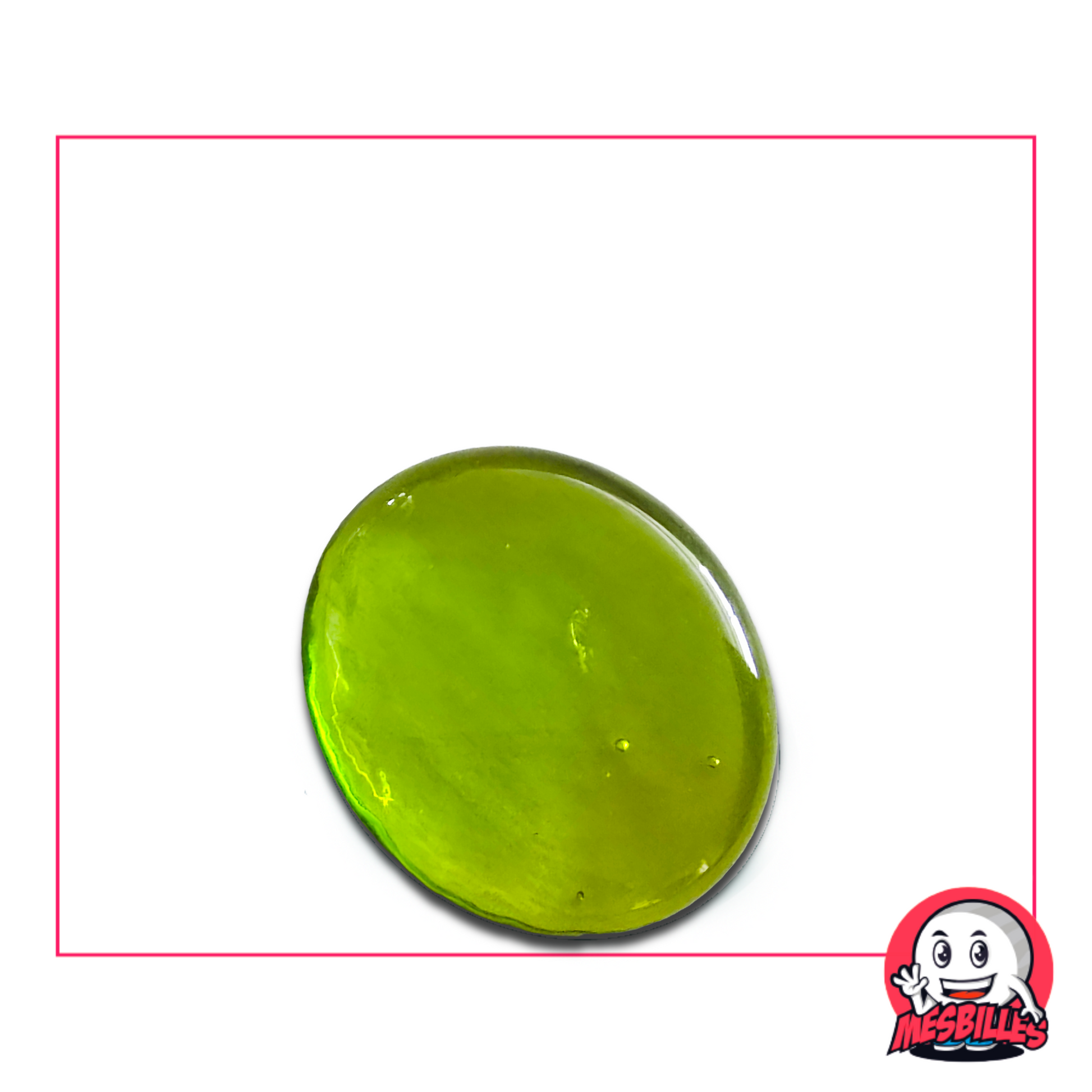 Bille plate translucide vert-jaune 30 mm nommée Loupe Vert-Jaune – vendue à l’unité sur MesBilles.fr