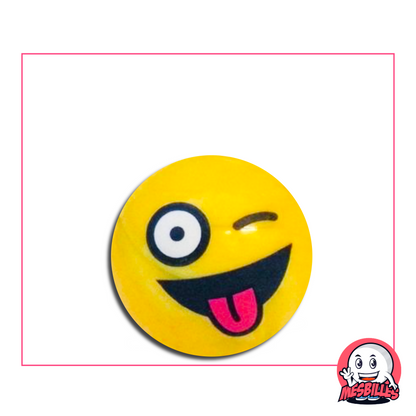 Bille jaune avec un smiley tirant la langue et faisant un clin d’œil, au style cartoon amusé