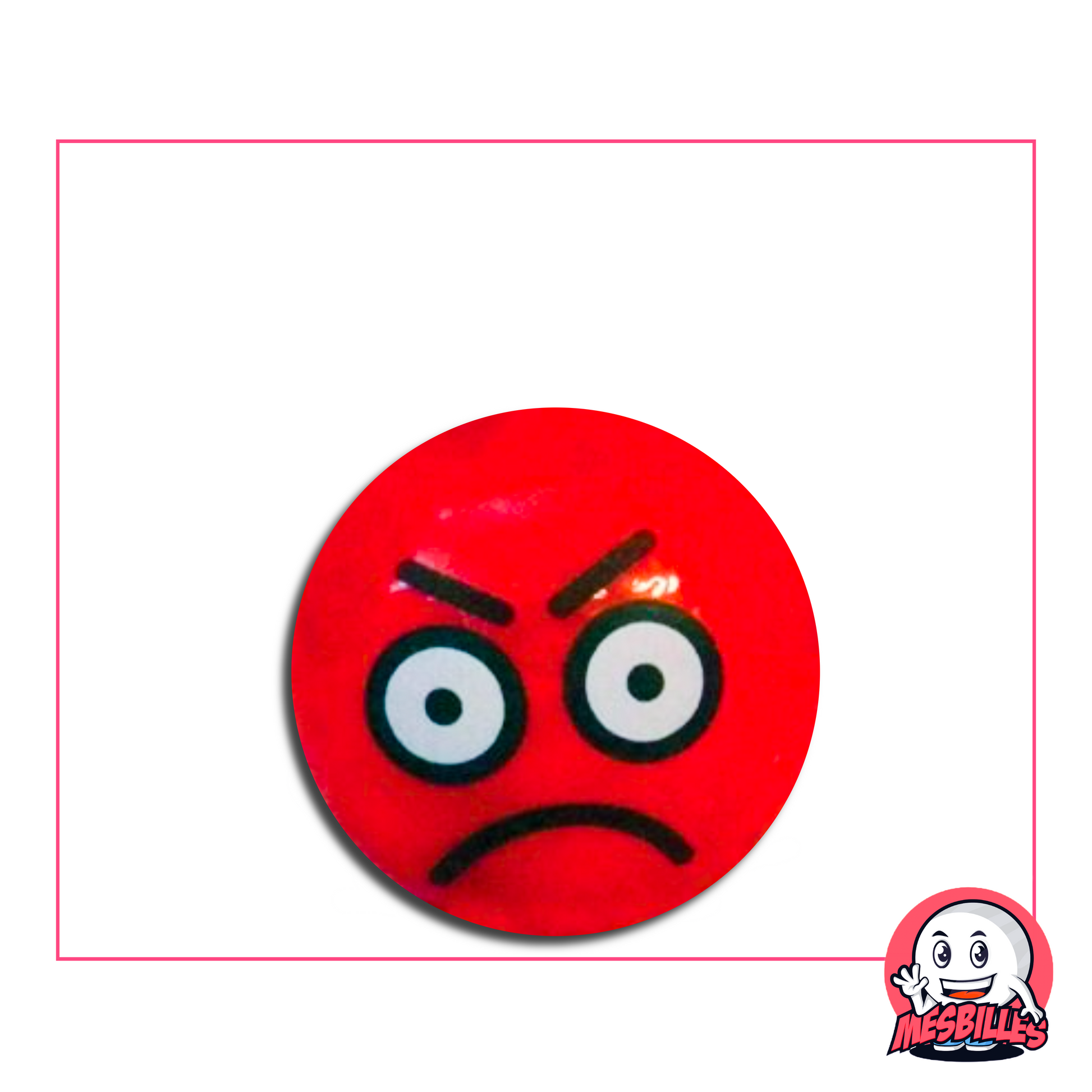 Bille rouge représentant un visage furieux avec des sourcils froncés et des yeux ronds expressifs