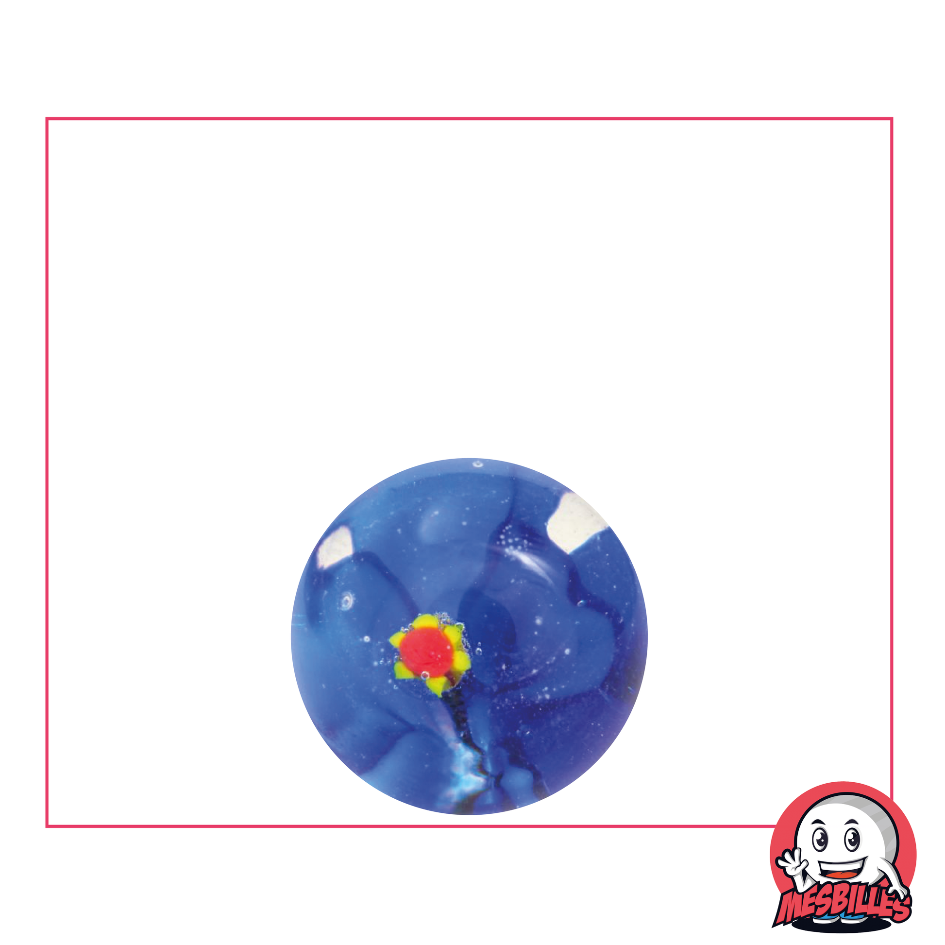 Bille d'art Fleur 3D Bleu de16 mm, bille en verre translucide avec une fleur bleu en incrustation