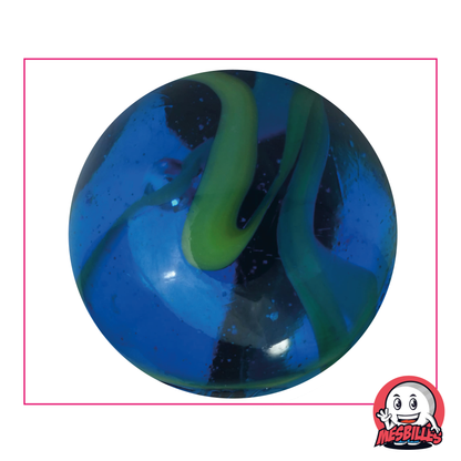 Bille Abysse 50 mm en verre bleu foncé tranlucide et trace verte, grosse bille de très grande taille