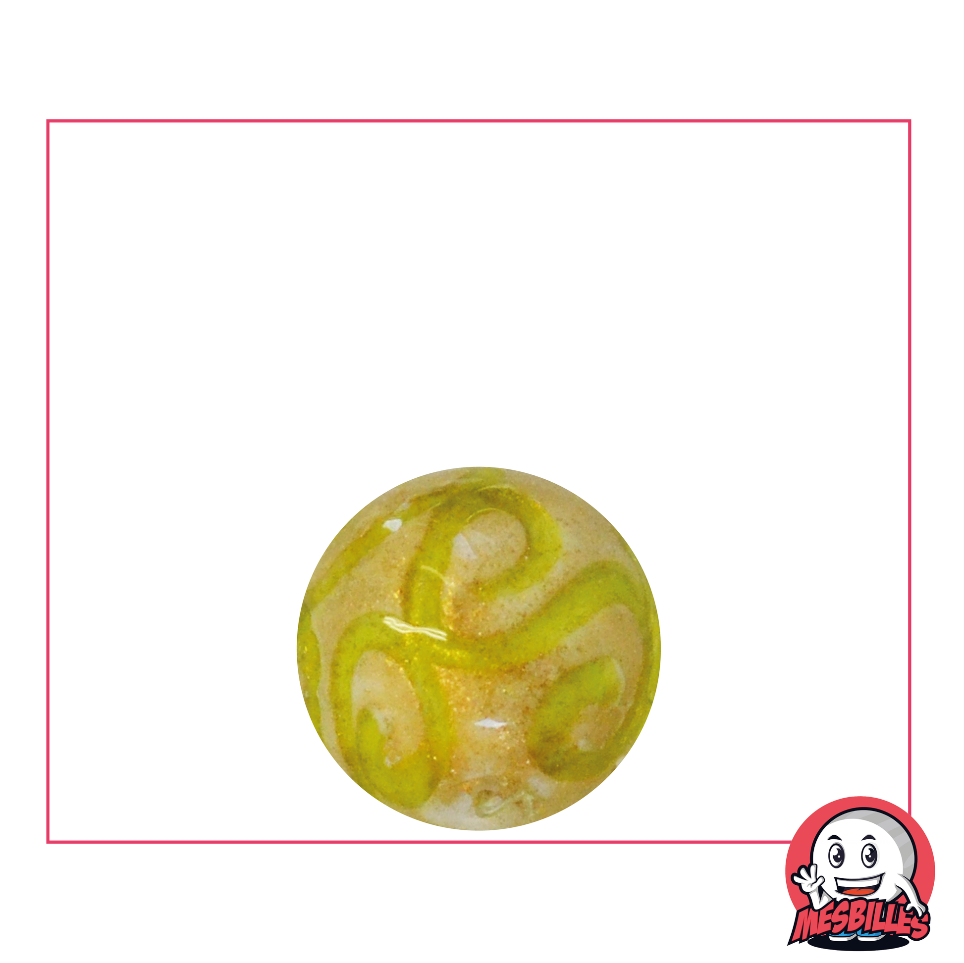 Bille d'art 16 mm, blanche avec arabesques jaune et paillettes or - symbole d'amour et d'amitié