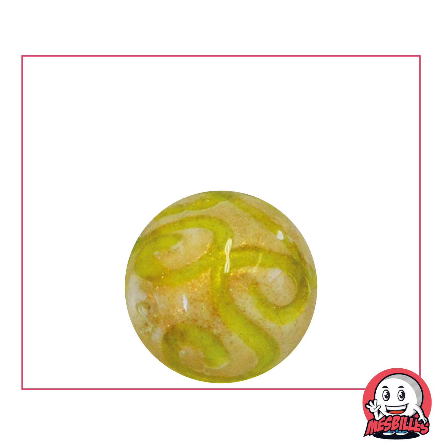 Bille d'Art Bijoux Jaune 22 mm, bille design unique blanche avec des arabesques et paillettes or.