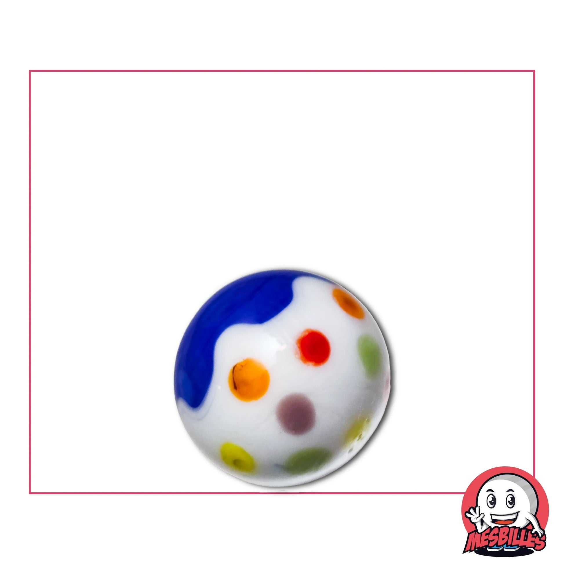 Bille Art Champi Bleu 16 mm brillante – bille décorée de pois multicolores sur fond bleu et blanc, création originale MesBilles