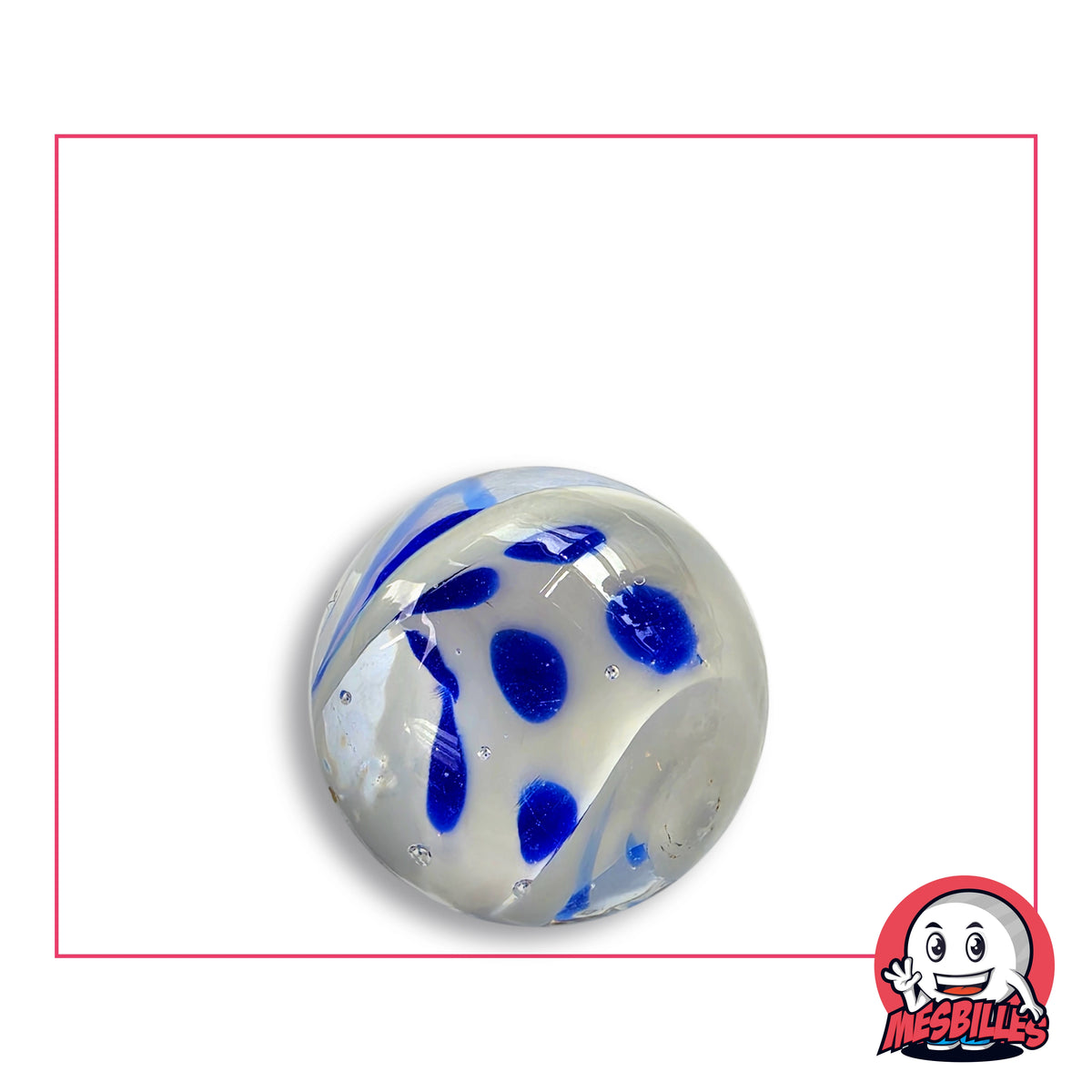 Bille Art Faïence 22 mm en verre clair, taches bleu outremer sur voile blanc laiteux, vue de dessus, 22 mm de diamètre