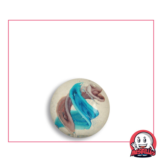 Bille Art Tornado Violet en verre clair à torsade turquoise et mauve, vue de dessus, 16 mm de diamètre