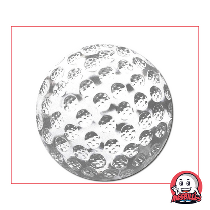 Photo d’une bille ronde de 40 mm en verre cristal avec relief texturé façon balle de golf, vendue à l’unité sur la boutique MesBilles.
