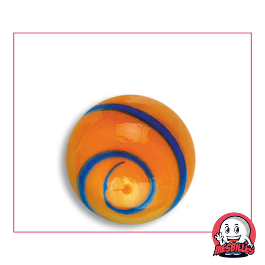 Bille Equinoxe Orange 25 mm KimPlay Collector en verre orange vif opaque à ruban bleu foncé en spirale, vue de dessus, 25 mm de diamètre