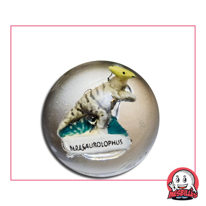 Bille Incrustation Parasaurolophus 35 mm – dinosaure miniature à crête jaune dans une bille transparente