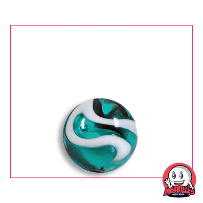 Bille Mer Égée en verre turquoise translucide à ruban blanc, vue de dessus, 16 mm de diamètre