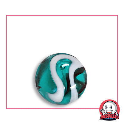 Bille Mer Égée en verre turquoise translucide à ruban blanc, vue de dessus, 22 mm de diamètre