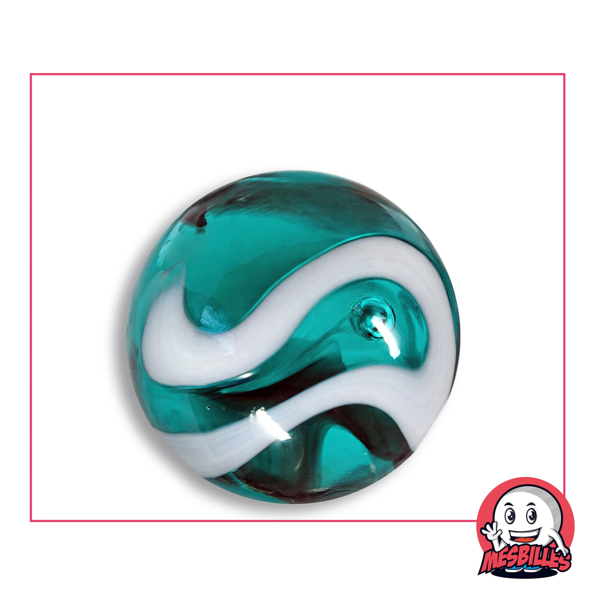 Grande bille Mer Égée en verre turquoise translucide à ruban blanc, vue de dessus, 35 mm de diamètre