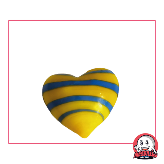 Bille Forme Coeur en verre opaque jaune et rayures bleues, bille plate 25 mm, MesBilles