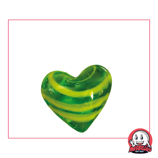 Bille Forme Coeur en verre translucide vert rayée de jaune, bille plate 25 mm, MesBilles