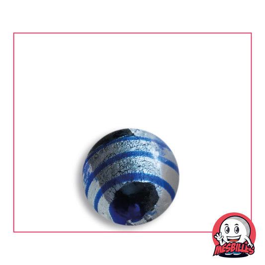 Bille Oeil de Dragon Rayé Bleu 16 mm KimPlay Collector en verre clair à décor argenté rayé de bleu, vue de dessus, 16 mm de diamètre
