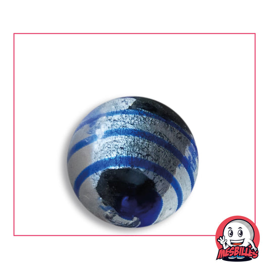 Bille Oeil de Dragon Rayé Bleu 25 mm KimPlay Collector en verre clair à décor argenté rayé de bleu, vue de dessus, 25 mm de diamètre