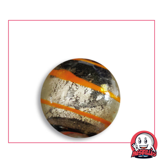 Bille Oeil de Dragon Rayé Orange 25 mm KimPlay Collector en verre clair à décor argenté rayé d'orange, vue de dessus, 25 mm de diamètre