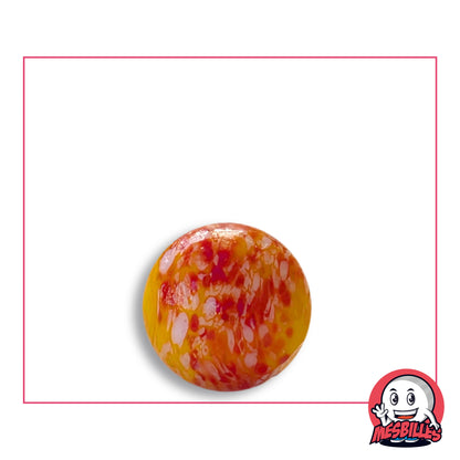 Bille Orange Mouchetée Rouge 16 mm en verre orange et rouge, vue de dessus, 16 mm de diamètre