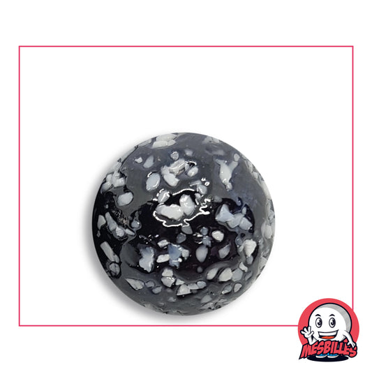 Bille Pépite Noir en verre noir brillant moucheté d'éclats blancs, vue de dessus, 25 mm de diamètre