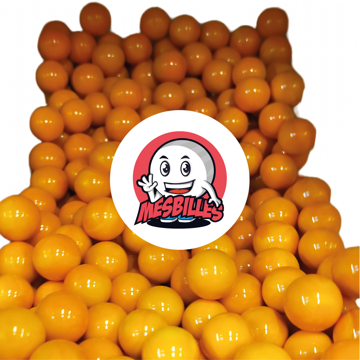 Image de la Mascotte MesBilles entourée de Billes Perle 25 mm - Verre Opaque Orange Vibrant
