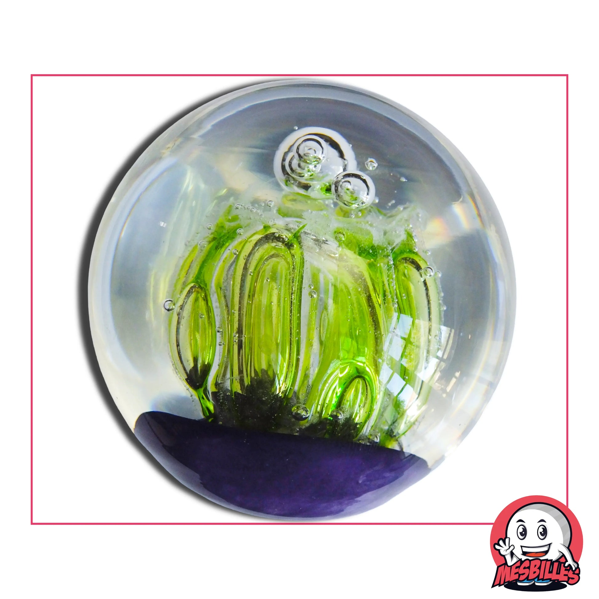 bille violet et vert à fond plat utilisable comme presse-papiers ou objet de décoration