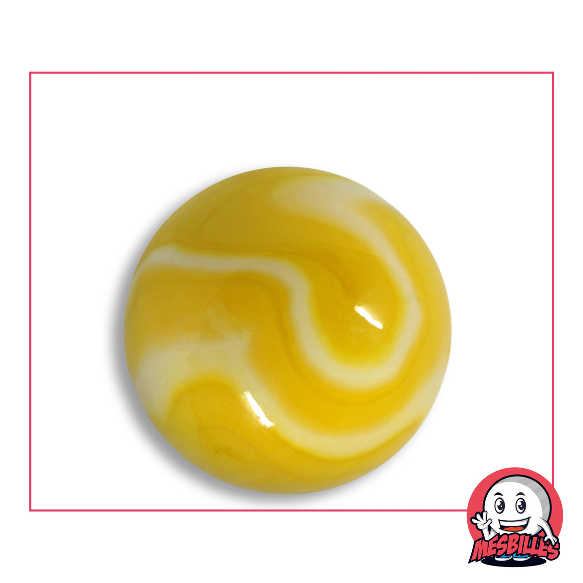 Grande bille Sorbet Citron en verre jaune opaque à volutes blanc crème, vue de dessus, 35 mm de diamètre