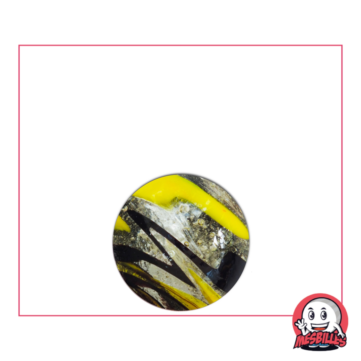 Photo d’une bille ronde 16 mm avec des motifs zébrés noir et jaune sur fond translucide, vendue à l’unité sur MesBilles.
