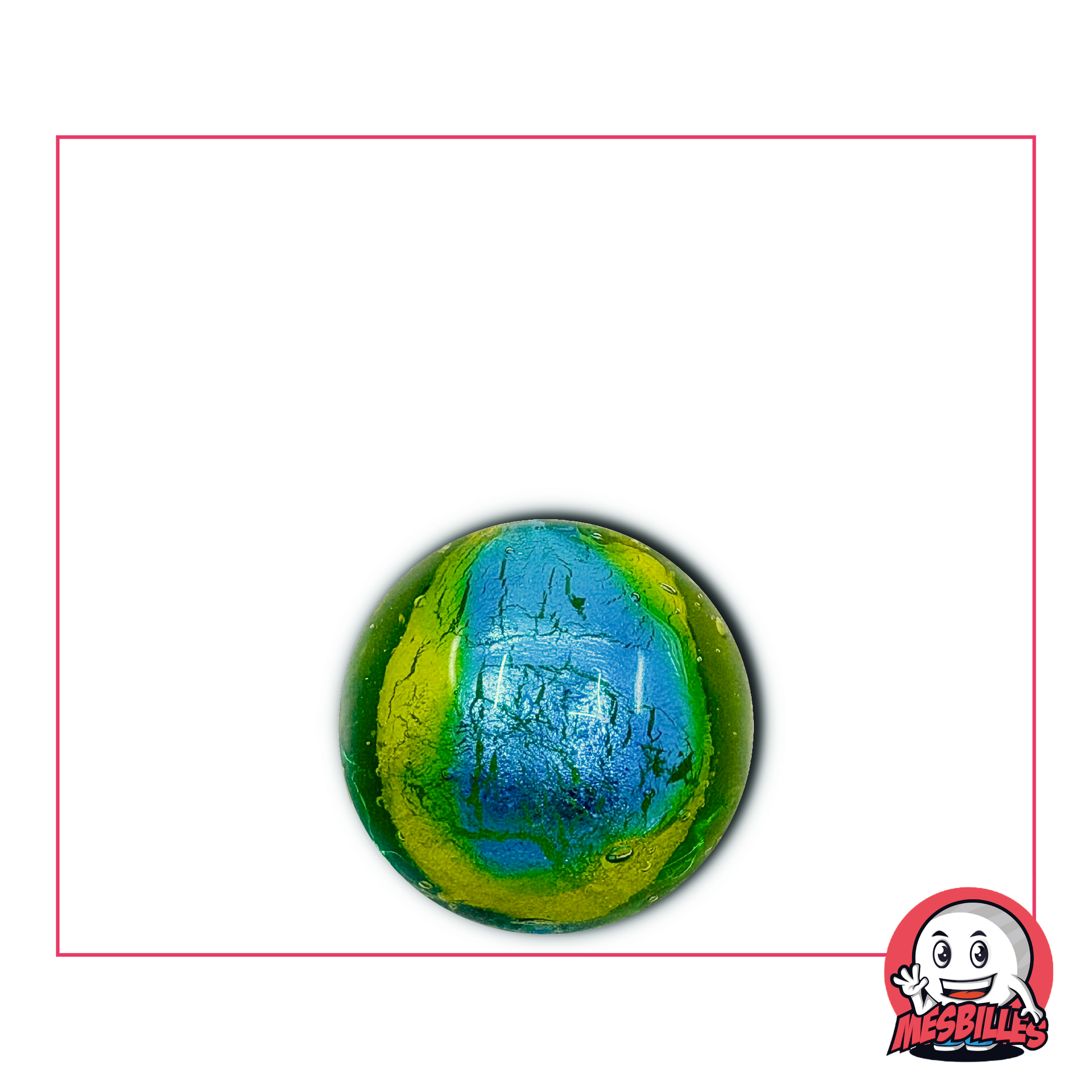 Bille en verre artisanale de 16 mm aux teintes bleu-vert rappelant une planète vue de l'espace, avec des nuances d'émeraude et de turquoise.